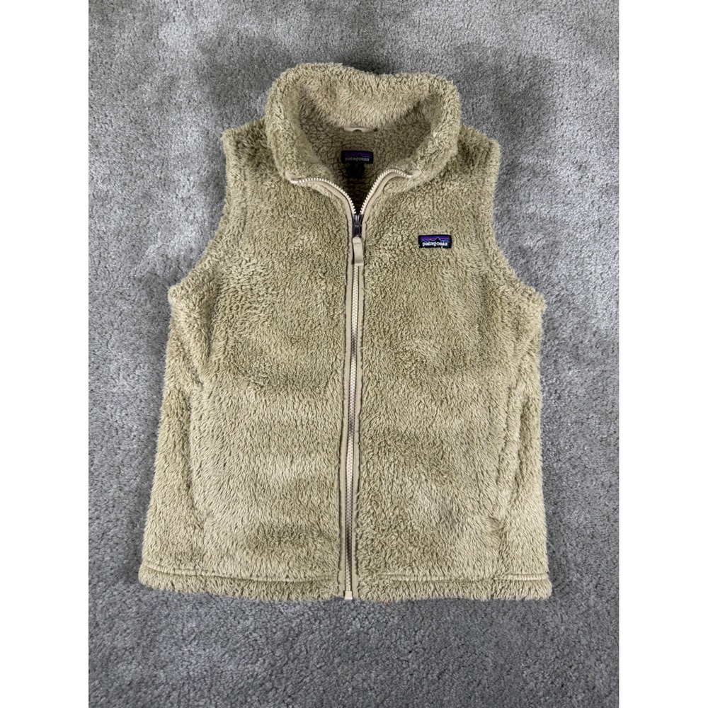 Patagonia Los Gatos Fleece Vest Girls XL 14 Tan Khaki Full Zip High Pile Pocket